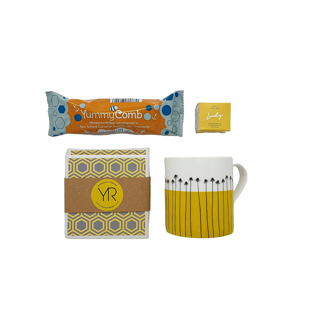 Chocolate honeycomb, lip balm, ceramic coasters and an illustrated china mug.