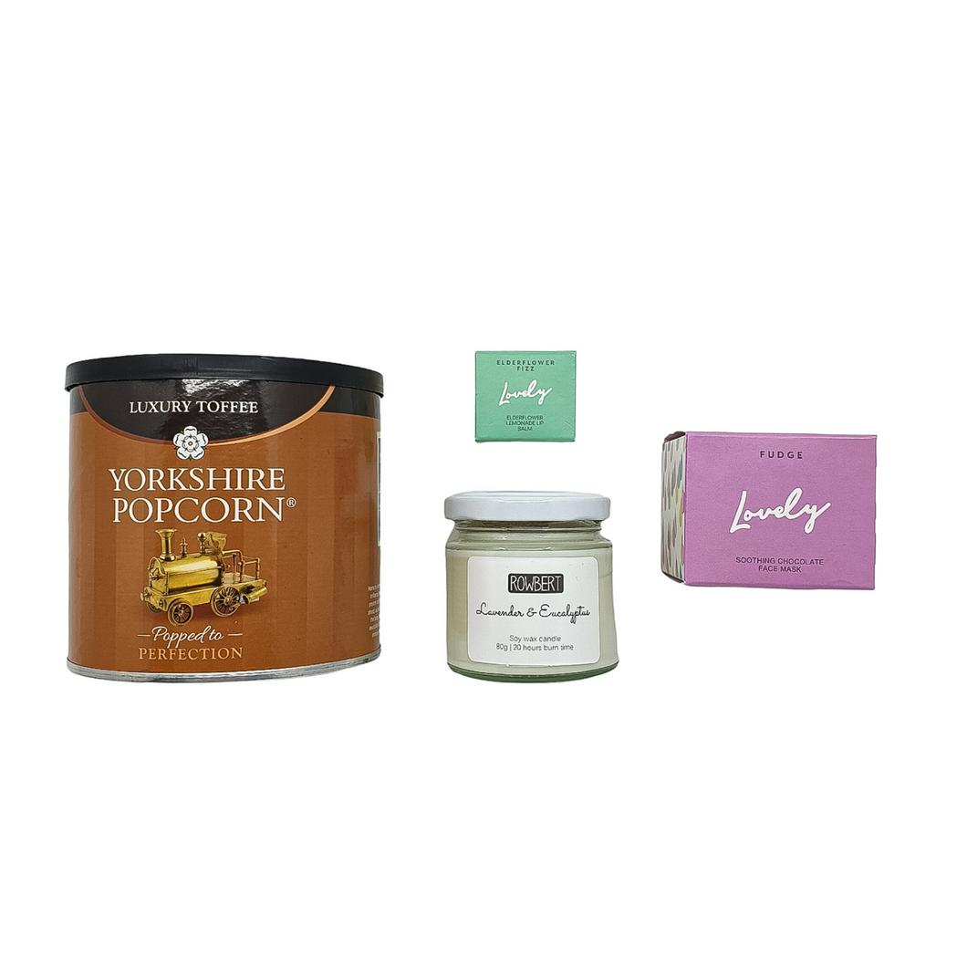 Luxury popcorn, elderflower lip balm, lavender soy wax candle and chocolate face mask.